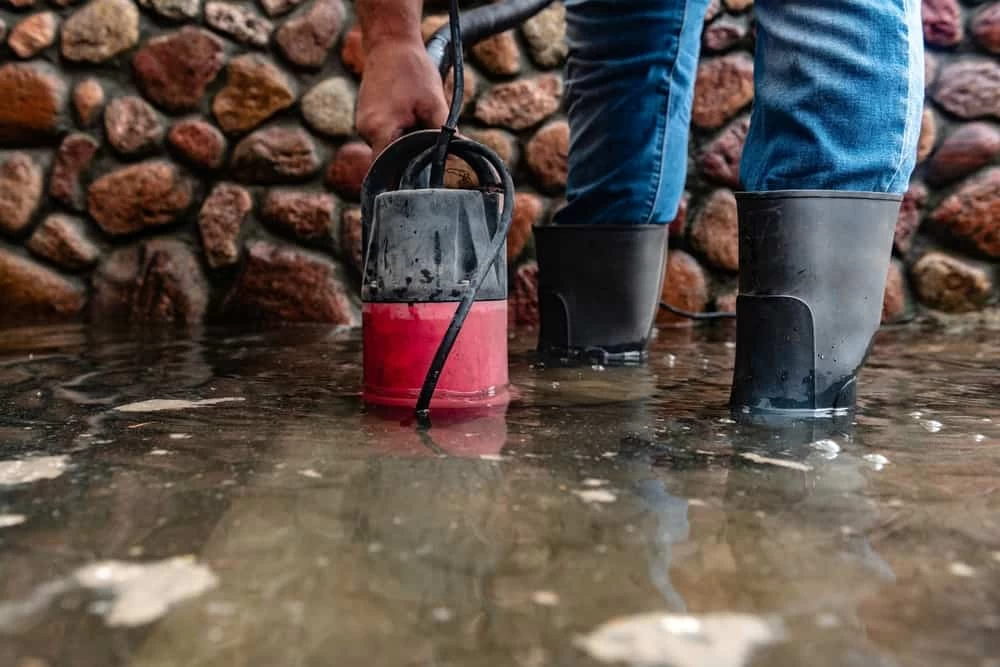Man using a water pump to remove floodwater from the entrance of a building.