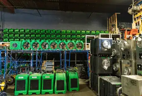 Multiple heavy-duty industrial fans stacked and arranged in a spacious Suffolk County warehouse, showcasing organized storage and preparation for distribution by Green Island Group NY